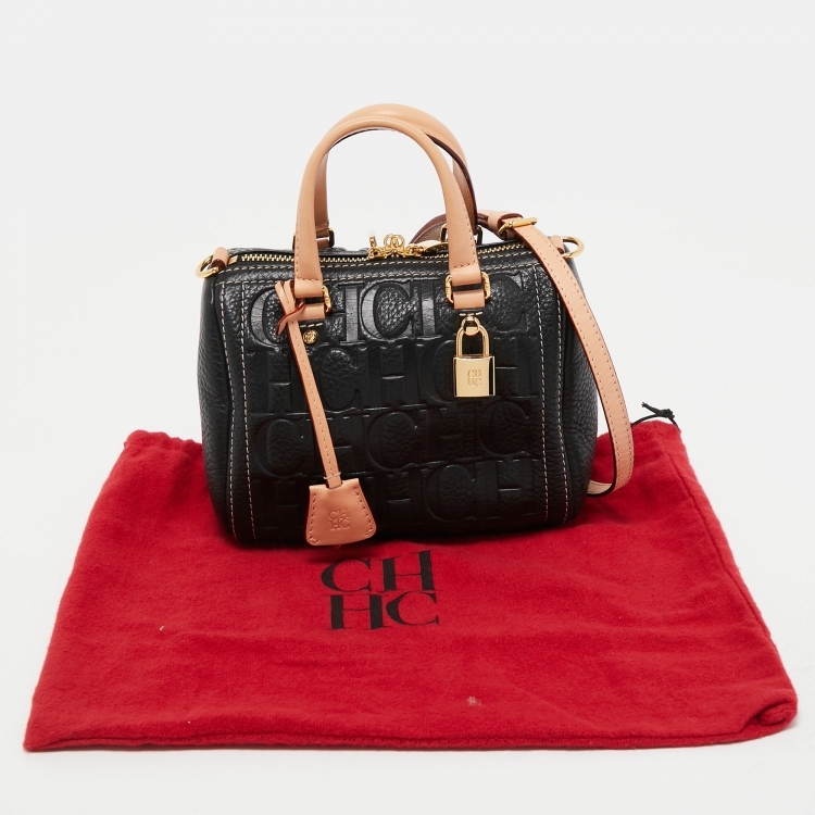 Pre Owned Carolina Herrera Black/Beige Monogram Embossed Leather Mini Andy Boston Bag