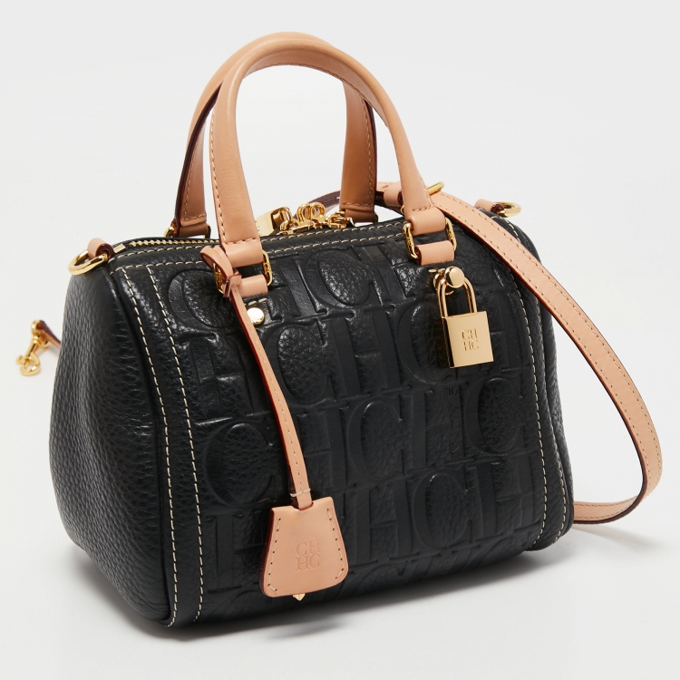 Pre Owned Carolina Herrera Black/Beige Monogram Embossed Leather Mini Andy Boston Bag