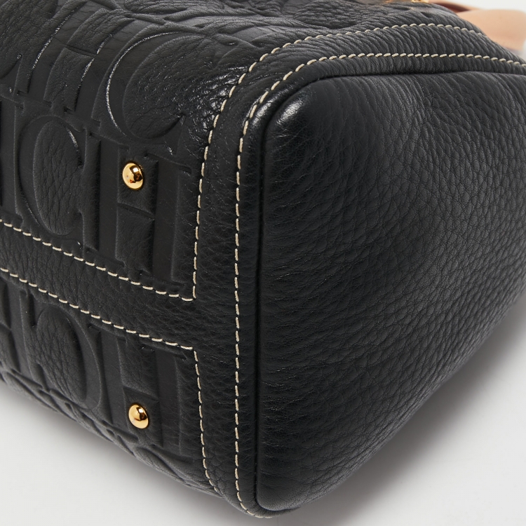 Pre Owned Carolina Herrera Black/Beige Monogram Embossed Leather Mini Andy Boston Bag