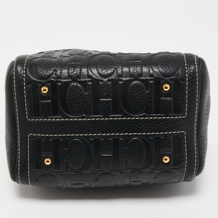 Pre Owned Carolina Herrera Black/Beige Monogram Embossed Leather Mini Andy Boston Bag