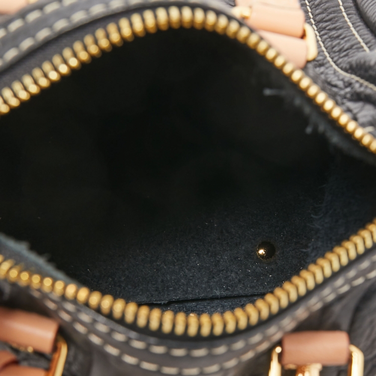 Pre Owned Carolina Herrera Black/Beige Monogram Embossed Leather Mini Andy Boston Bag