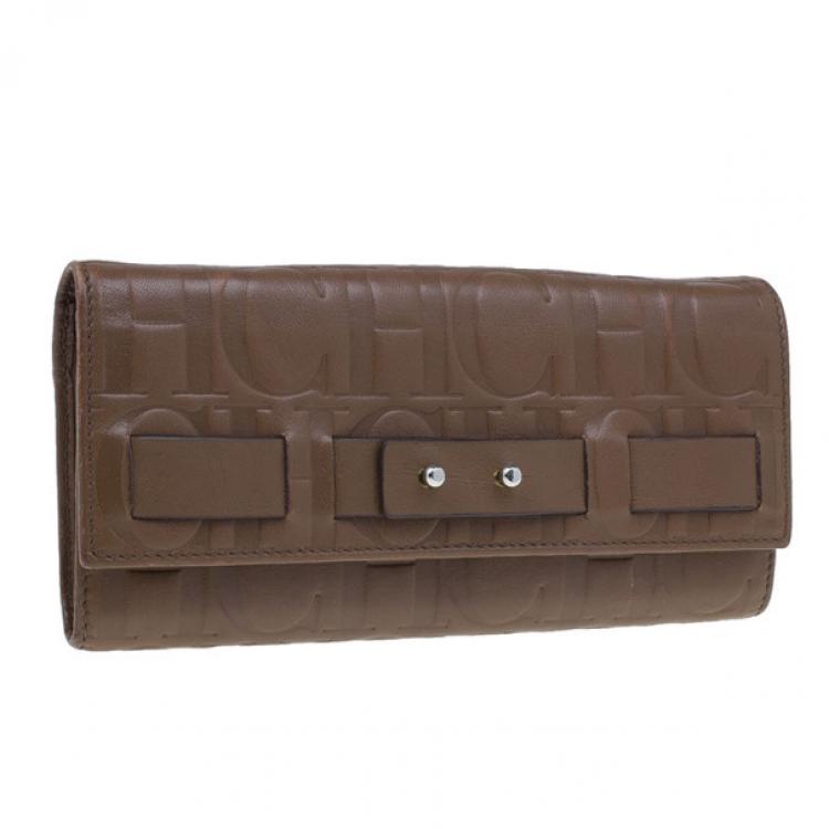 Pre Owned Carolina Herrera Brown Monogram Embossed Contential Flap Wallet
