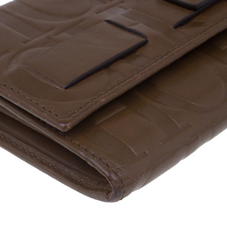 Pre Owned Carolina Herrera Brown Monogram Embossed Contential Flap Wallet