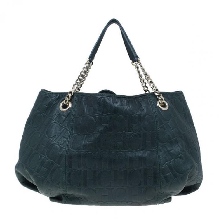 Pre Owned Carolina Herrera Green Monogram Embossed Dahlia Hobo