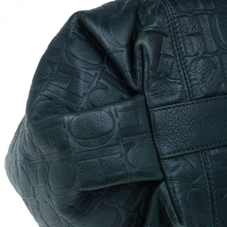 Pre Owned Carolina Herrera Green Monogram Embossed Dahlia Hobo