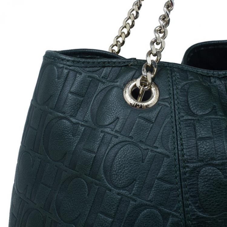 Pre Owned Carolina Herrera Green Monogram Embossed Dahlia Hobo