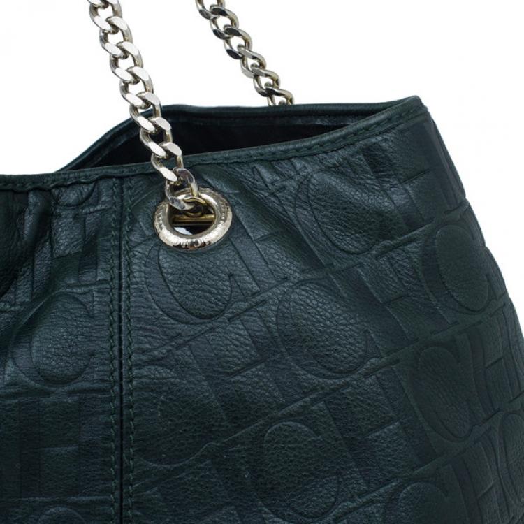 Pre Owned Carolina Herrera Green Monogram Embossed Dahlia Hobo