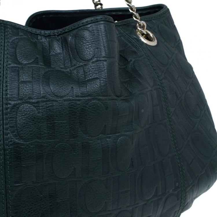 Pre Owned Carolina Herrera Green Monogram Embossed Dahlia Hobo