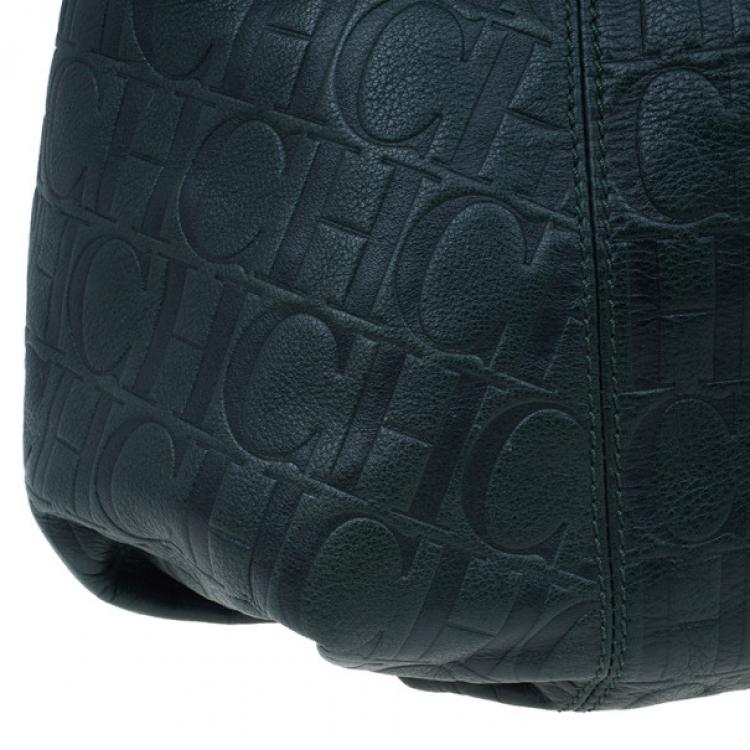 Pre Owned Carolina Herrera Green Monogram Embossed Dahlia Hobo