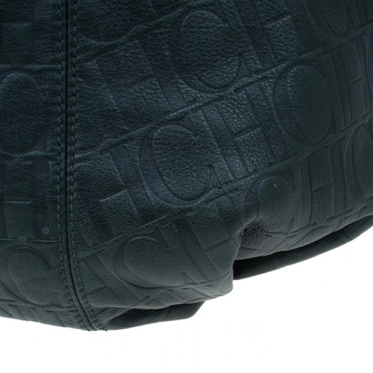 Pre Owned Carolina Herrera Green Monogram Embossed Dahlia Hobo