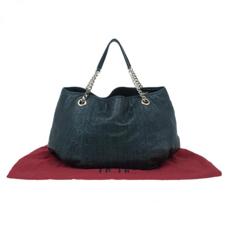 Pre Owned Carolina Herrera Green Monogram Embossed Dahlia Hobo