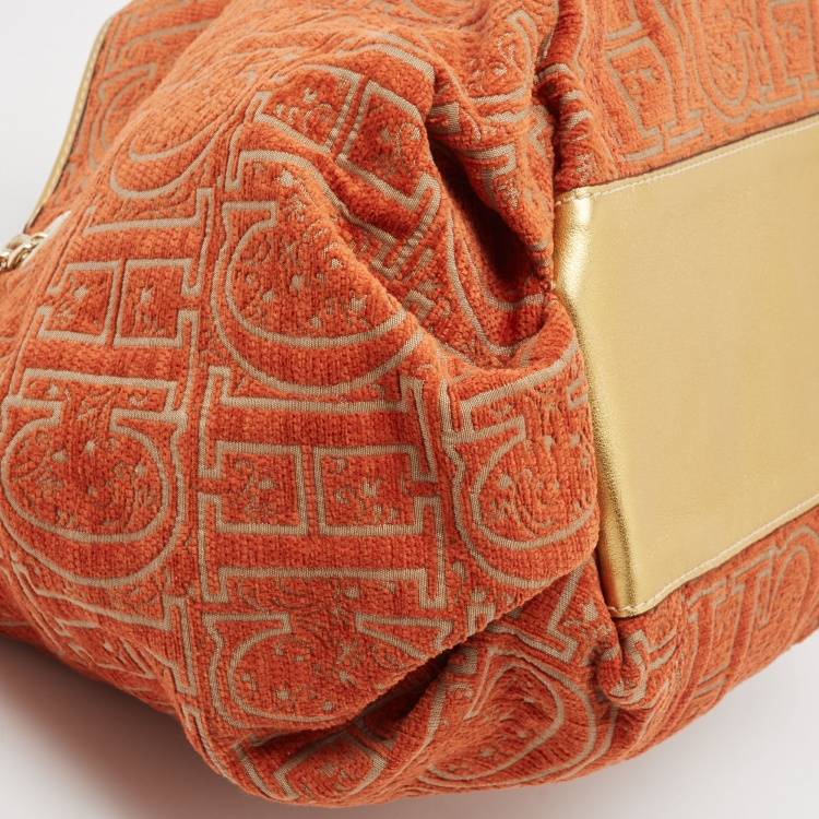 Pre Owned Carolina Herrera Orange/Beige Monogram Fabric and Leather Chain Tote