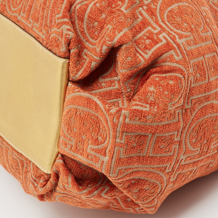 Pre Owned Carolina Herrera Orange/Beige Monogram Fabric and Leather Chain Tote