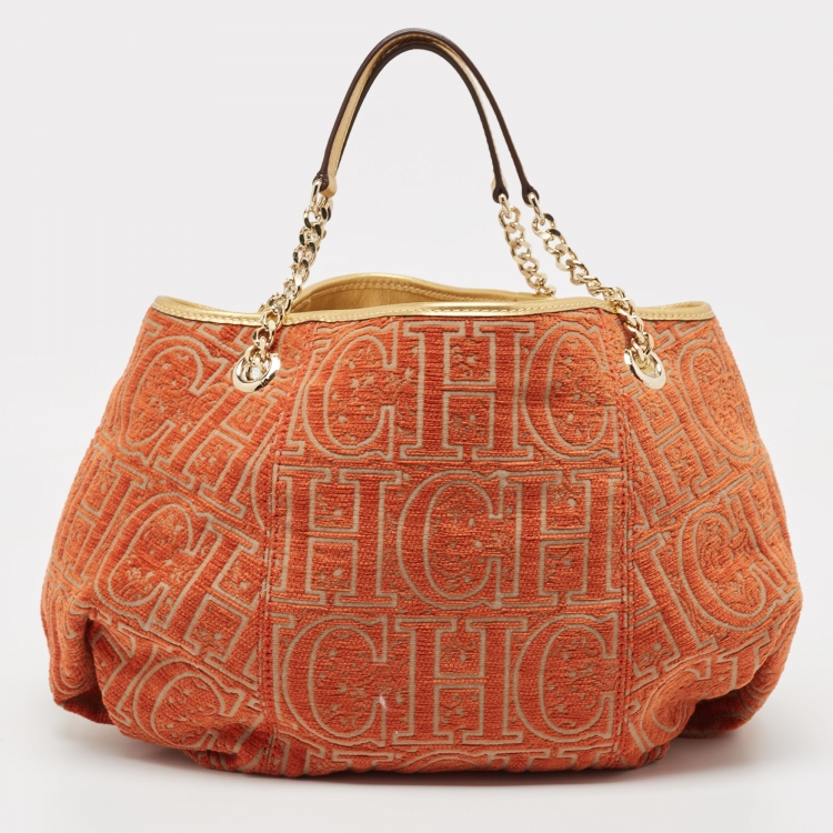 Pre Owned Carolina Herrera Orange/Beige Monogram Fabric and Leather Chain Tote