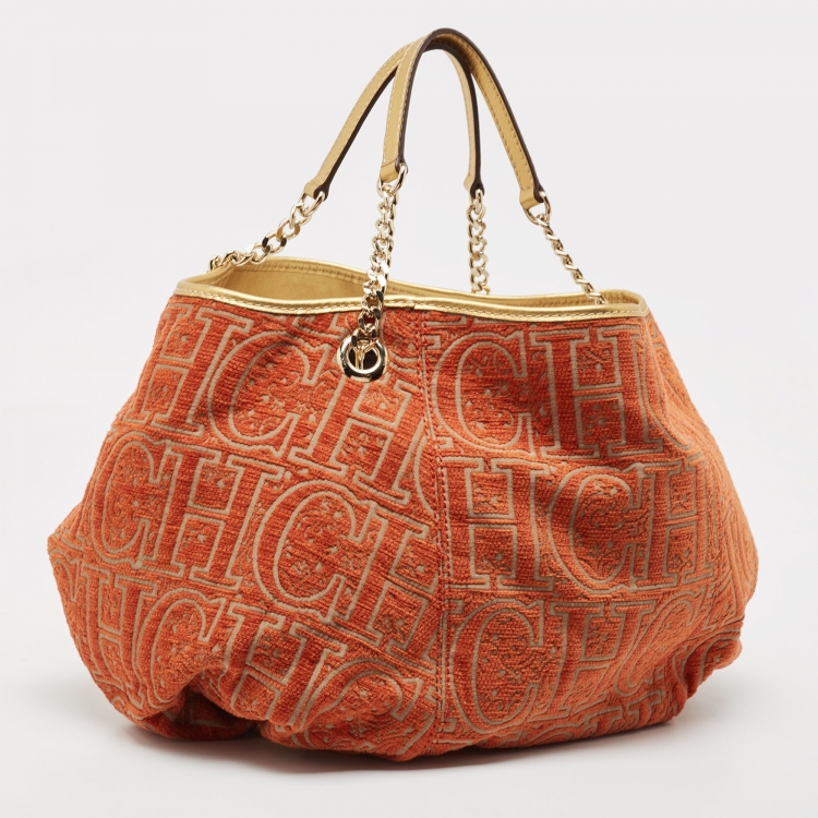Pre Owned Carolina Herrera Orange/Beige Monogram Fabric and Leather Chain Tote