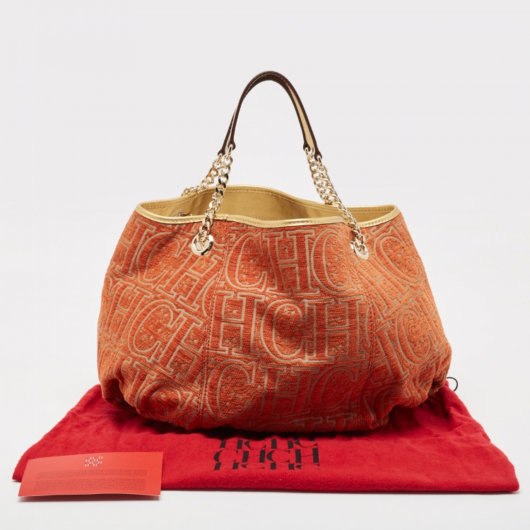 Pre Owned Carolina Herrera Orange/Beige Monogram Fabric and Leather Chain Tote