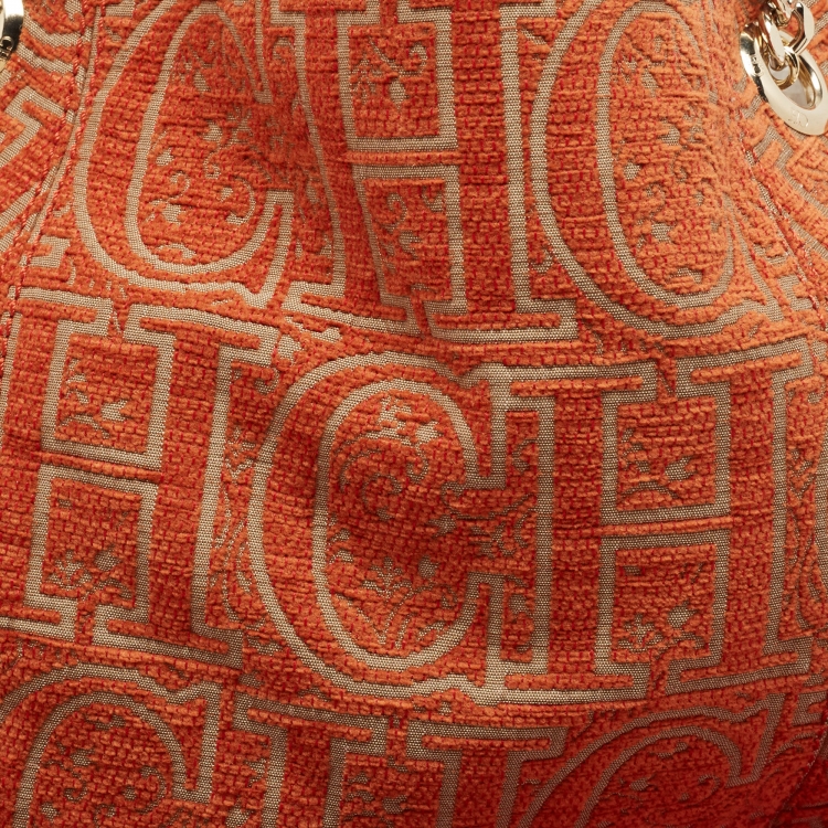 Pre Owned Carolina Herrera Orange/Beige Monogram Fabric and Leather Chain Tote