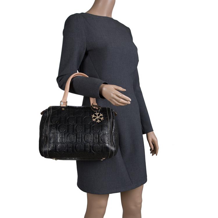 Pre Owned Carolina Herrera Black Monogram Leather Andy Boston Bag