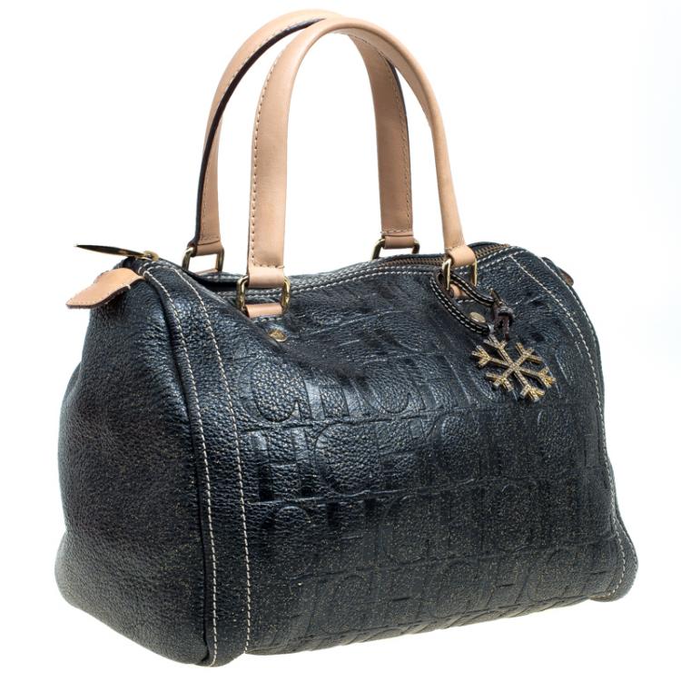 Pre Owned Carolina Herrera Black Monogram Leather Andy Boston Bag