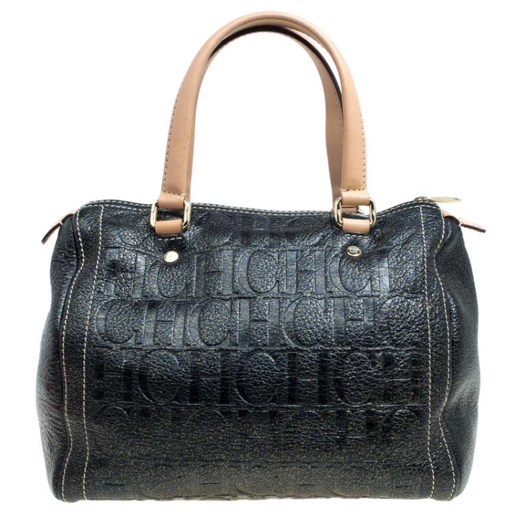 Pre Owned Carolina Herrera Black Monogram Leather Andy Boston Bag