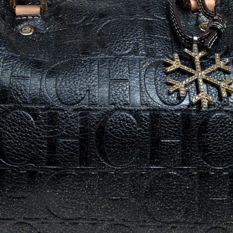 Pre Owned Carolina Herrera Black Monogram Leather Andy Boston Bag