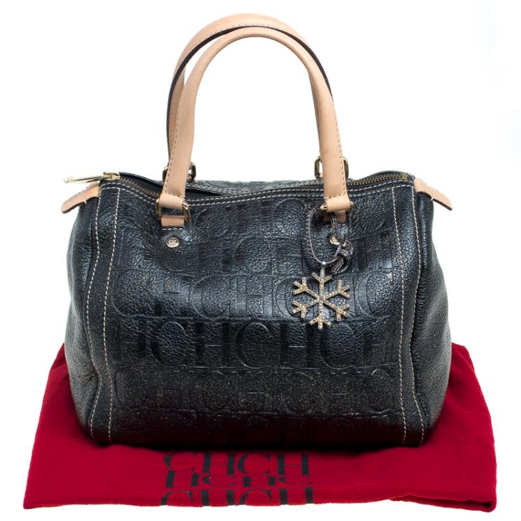 Pre Owned Carolina Herrera Black Monogram Leather Andy Boston Bag