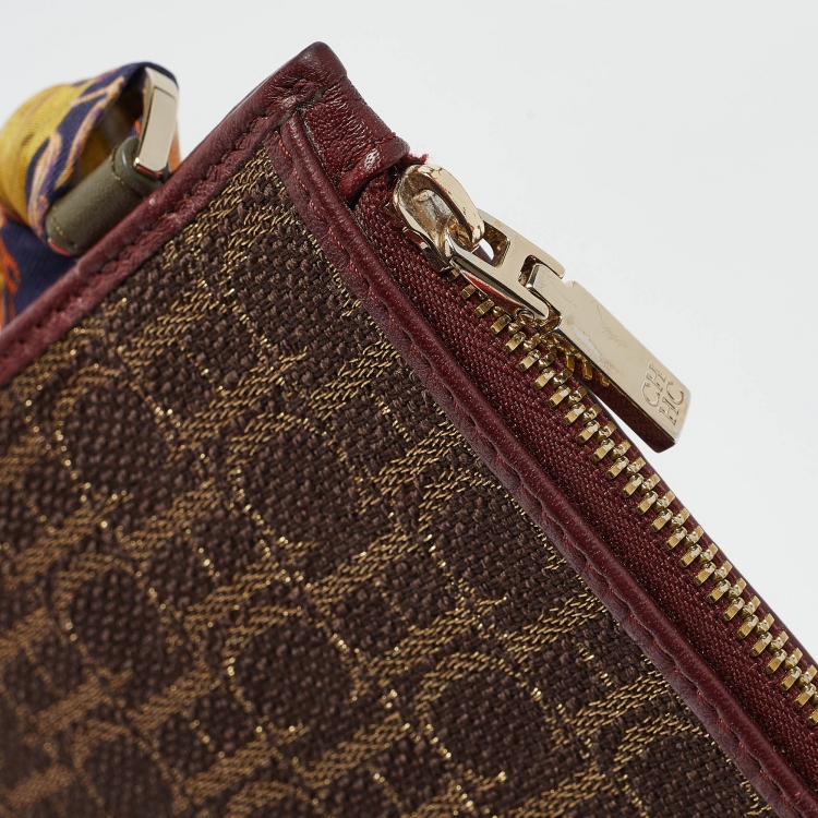 Pre Owned Carolina Herrera Burgundy/Brown Monogram Canvas and Leather Scarf Flat Pouch