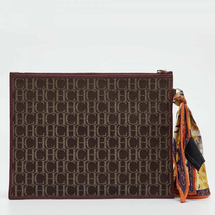 Pre Owned Carolina Herrera Burgundy/Brown Monogram Canvas and Leather Scarf Flat Pouch