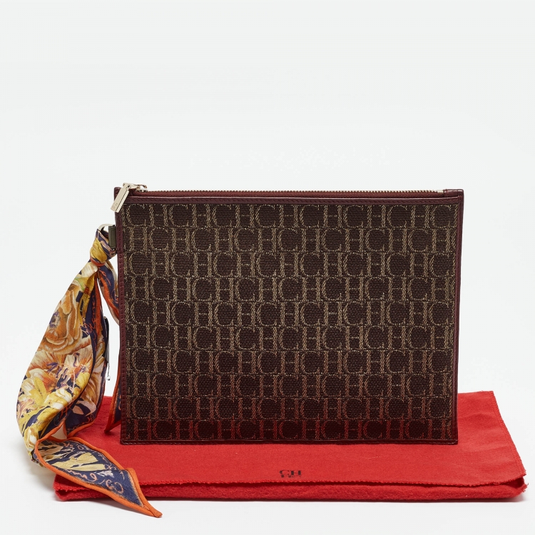 Pre Owned Carolina Herrera Burgundy/Brown Monogram Canvas and Leather Scarf Flat Pouch