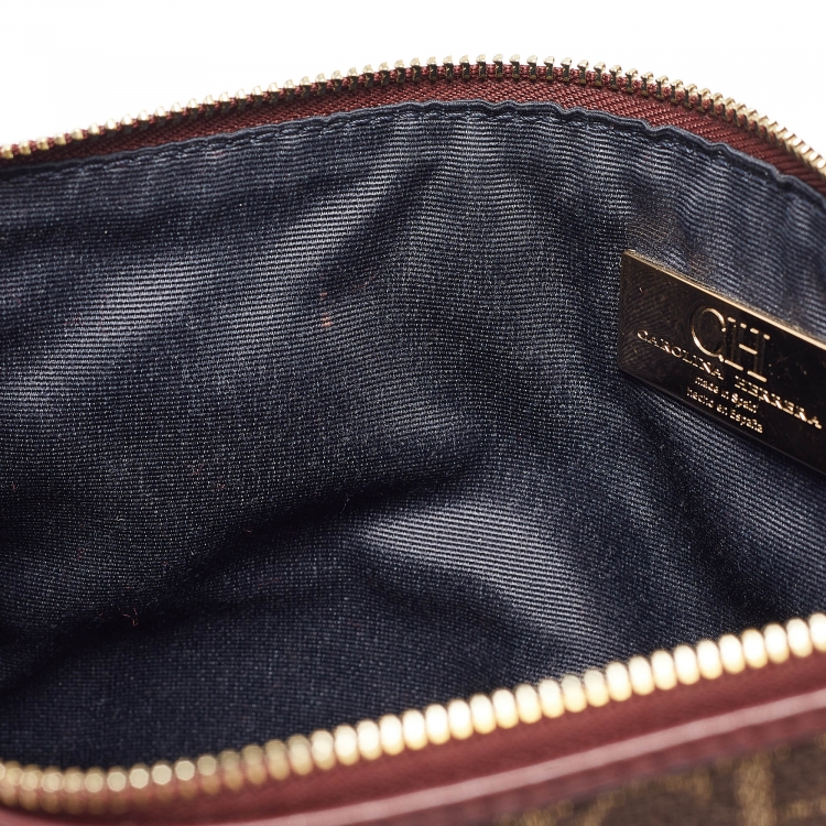 Pre Owned Carolina Herrera Burgundy/Brown Monogram Canvas and Leather Scarf Flat Pouch