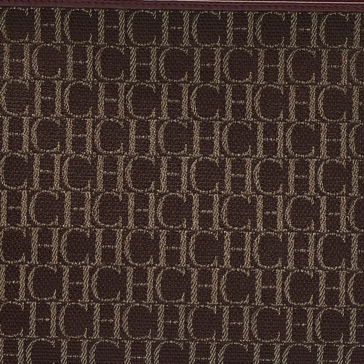 Pre Owned Carolina Herrera Burgundy/Brown Monogram Canvas and Leather Scarf Flat Pouch