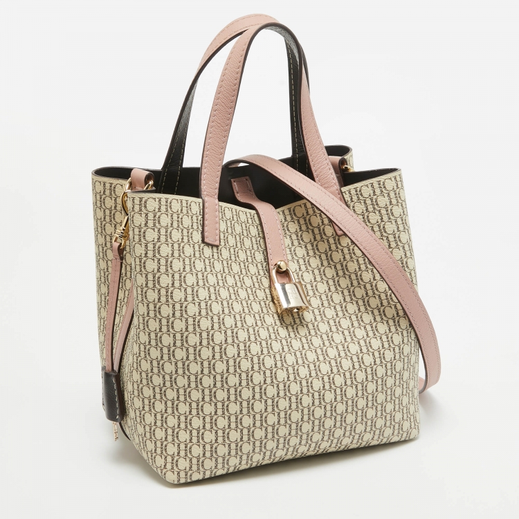 Pre Owned Carolina Herrera Pink/Beige Monogram Coated Canvas and Leather Matryoshka Padlock Tote