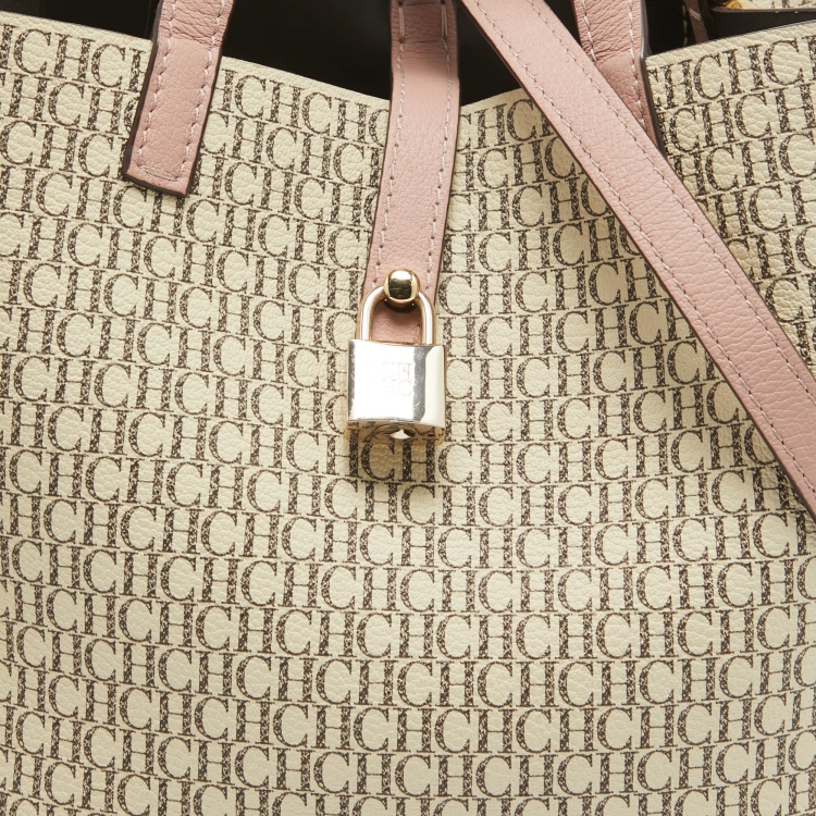 Pre Owned Carolina Herrera Pink/Beige Monogram Coated Canvas and Leather Matryoshka Padlock Tote