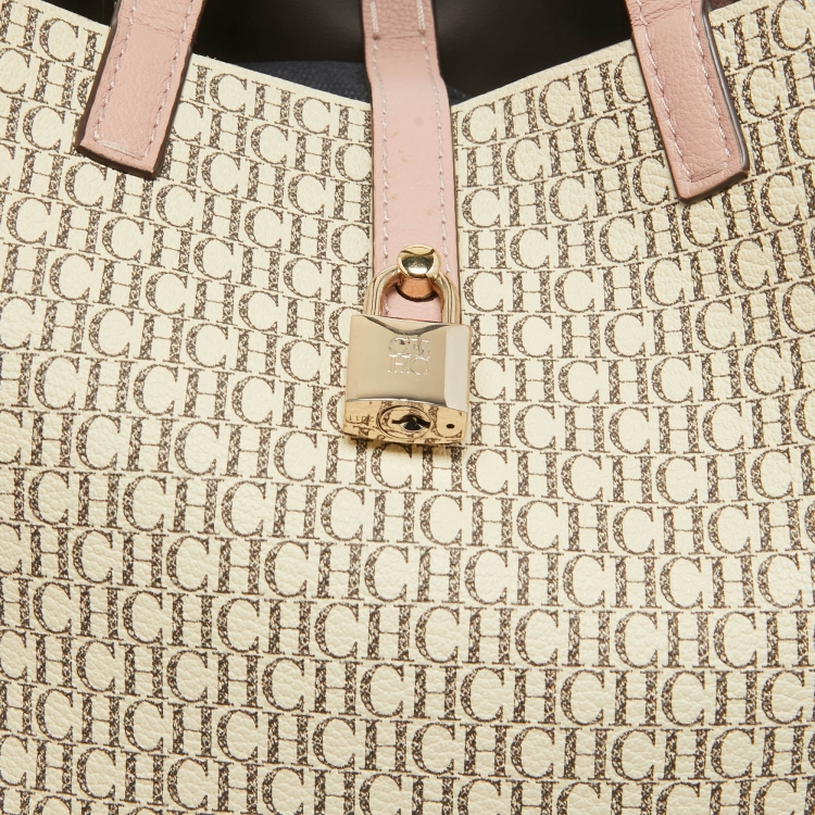 Pre Owned Carolina Herrera Pink/Beige Monogram Coated Canvas and Leather Matryoshka Padlock Tote