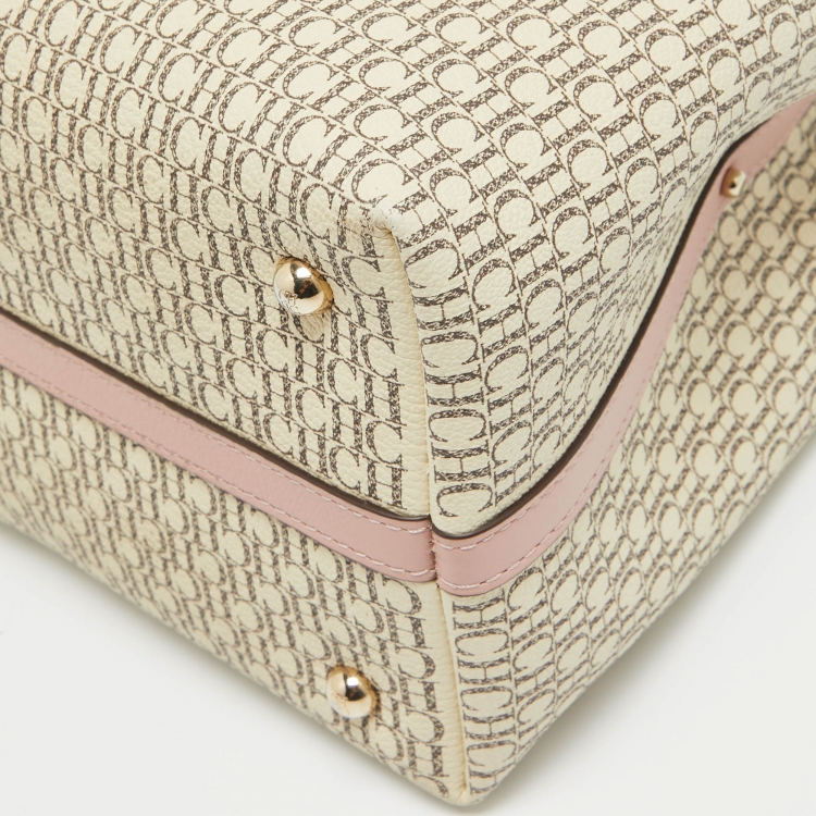 Pre Owned Carolina Herrera Pink/Beige Monogram Coated Canvas and Leather Matryoshka Padlock Tote