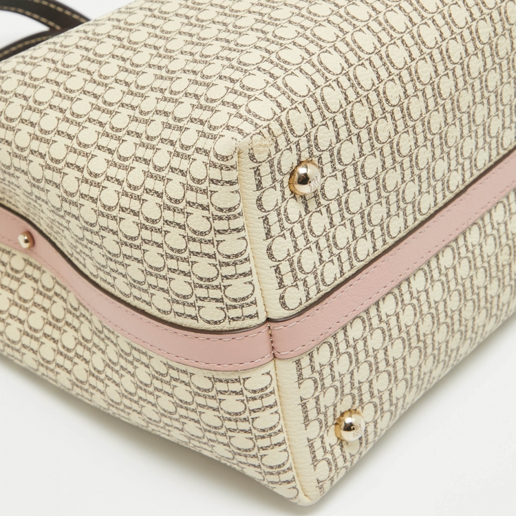 Pre Owned Carolina Herrera Pink/Beige Monogram Coated Canvas and Leather Matryoshka Padlock Tote