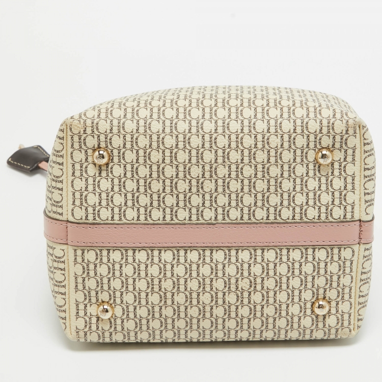 Pre Owned Carolina Herrera Pink/Beige Monogram Coated Canvas and Leather Matryoshka Padlock Tote
