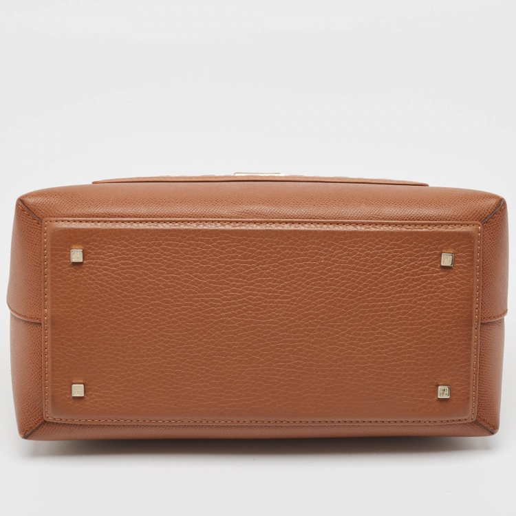 Pre Owned Carolina Herrera Brown Monogram Embossed Leather Push Lock Top Handle Bag