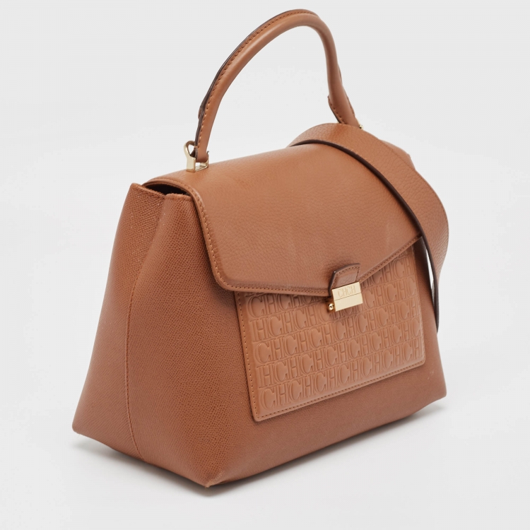 Pre Owned Carolina Herrera Brown Monogram Embossed Leather Push Lock Top Handle Bag