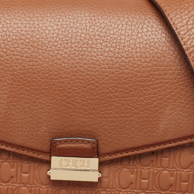 Pre Owned Carolina Herrera Brown Monogram Embossed Leather Push Lock Top Handle Bag