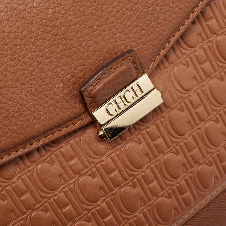 Pre Owned Carolina Herrera Brown Monogram Embossed Leather Push Lock Top Handle Bag