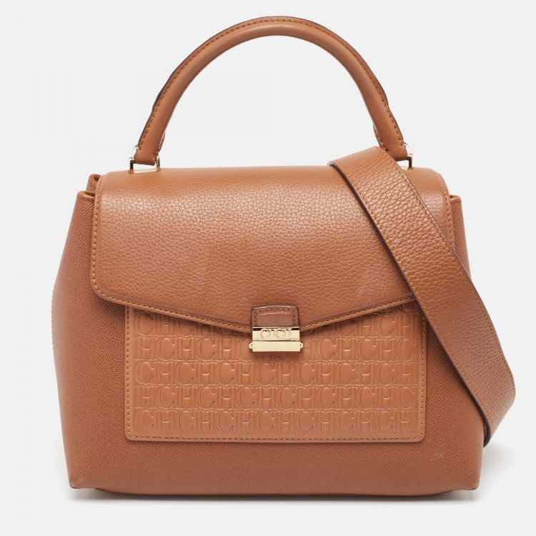 Pre Owned Carolina Herrera Brown Monogram Embossed Leather Push Lock Top Handle Bag