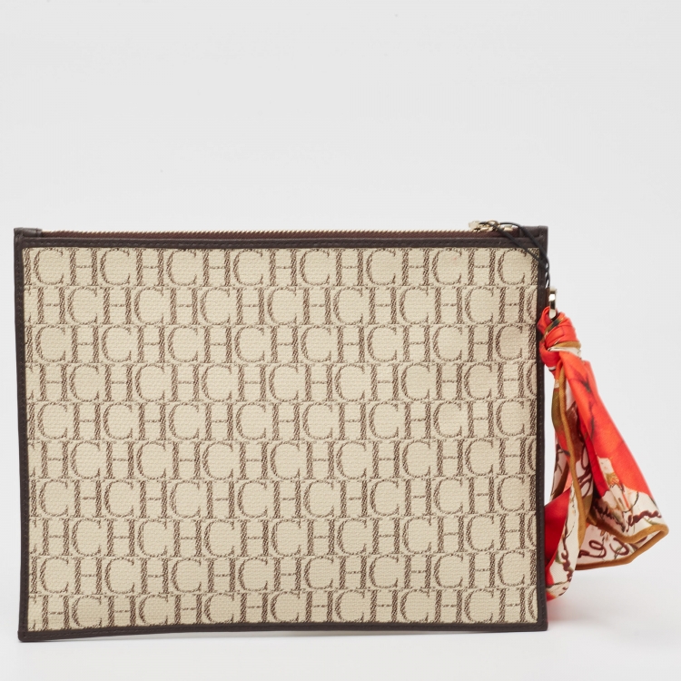 Pre Owned Carolina Herrera Brown/Beige Monogram Canvas Continental Zip Pouch with Scarf