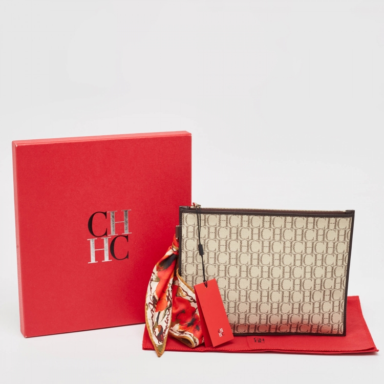 Pre Owned Carolina Herrera Brown/Beige Monogram Canvas Continental Zip Pouch with Scarf