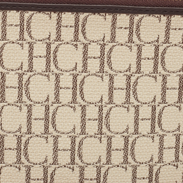 Pre Owned Carolina Herrera Brown/Beige Monogram Canvas Continental Zip Pouch with Scarf