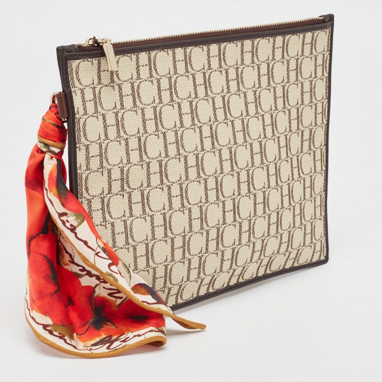 Pre Owned Carolina Herrera Brown/Beige Monogram Canvas Continental Zip Pouch with Scarf