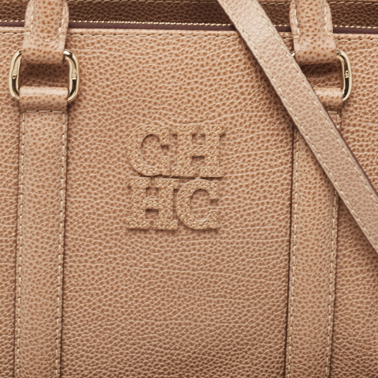 Pre Owned Carolina Herrera Beige Leather Double Zip Matteo Tote