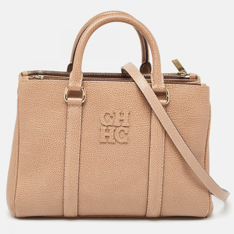 Pre Owned Carolina Herrera Beige Leather Double Zip Matteo Tote