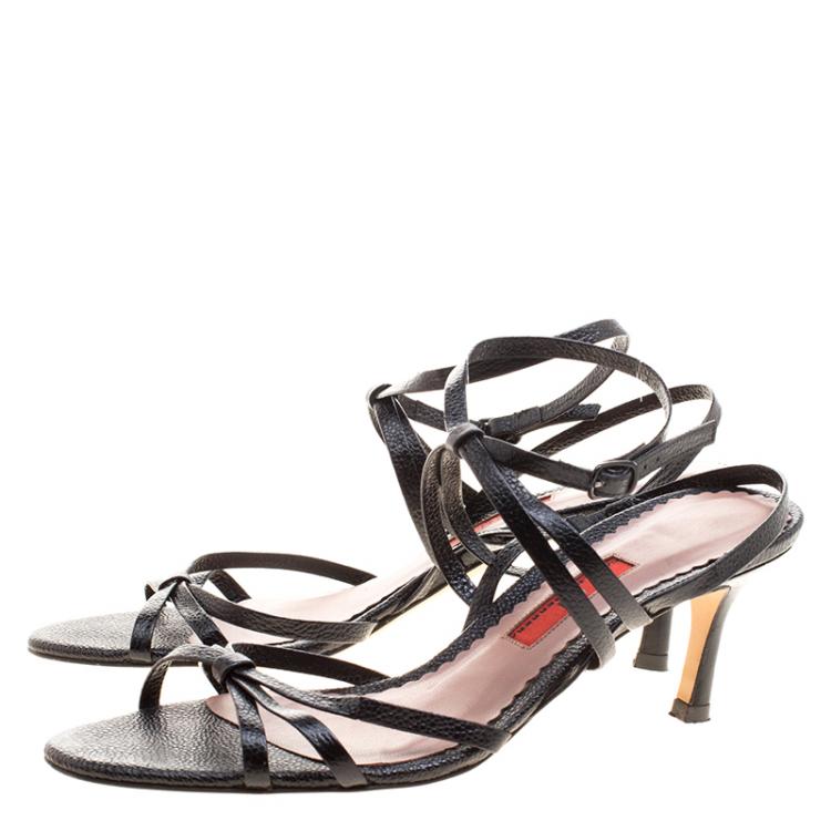 Pre Owned Carolina Herrera Black Pebbled Leather Strappy Slingback Sandals Size 39