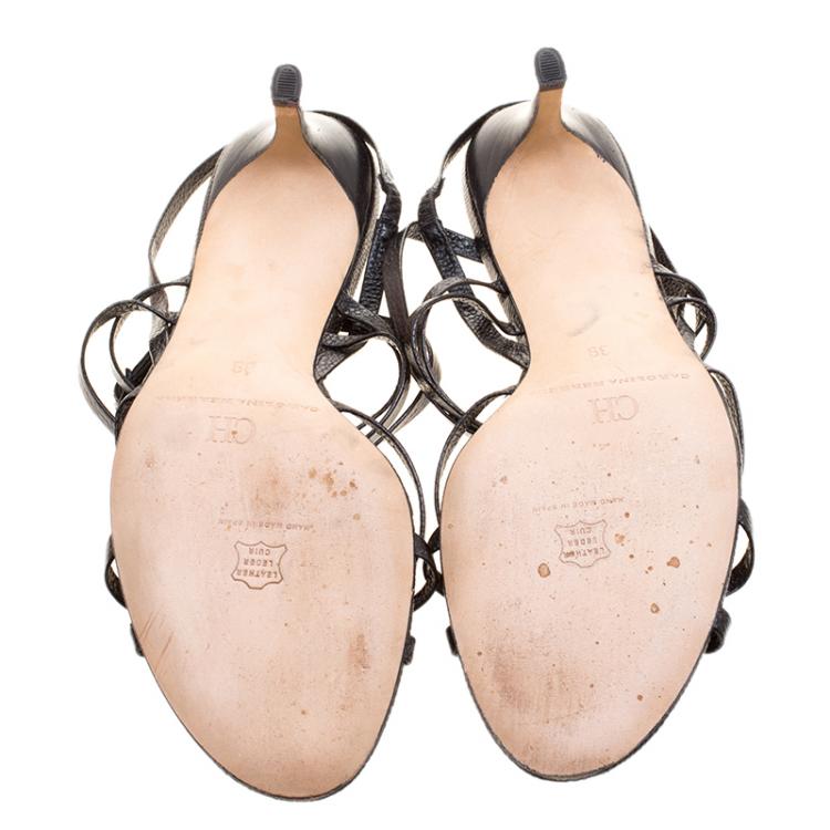 Pre Owned Carolina Herrera Black Pebbled Leather Strappy Slingback Sandals Size 39